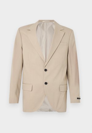 Beige Blazer mit Zwei-Knopf-Verschluss, Reverskragen, Fronttaschen und einer Brusttasche. Glattes Gewebe mit taillierter Passform.