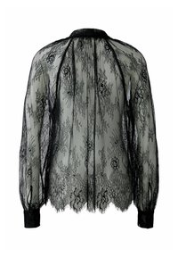 Schwarze Spitzenbluse mit transparenter Gestaltung, langen Ärmeln, knöpfbaren Manschetten, Blumenmustern und einem gewellten Saum.