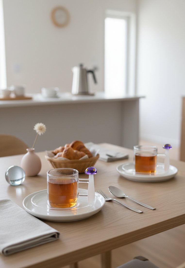 Dwa przezroczyste szklane filiżanki z herbatą na białych spodkach, każda z mieszadełkiem ze szklaną fioletową końcówką, rogaliki w koszyku oraz mały wazonik z kwiatem.