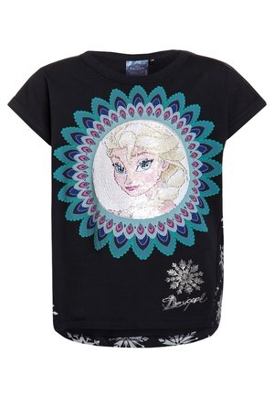 T-shirt noir pour enfants avec le visage d’Elsa de La Reine des Neiges en sequins, entouré de pétales bleus et violets et de motifs de flocons de neige argentés.