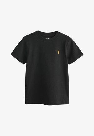 Schwarzes Baumwoll-T-Shirt mit kurzen Ärmeln und einem runden Halsausschnitt. Ein kleines, goldenes Hummer-Logo ist auf der Brust gestickt.