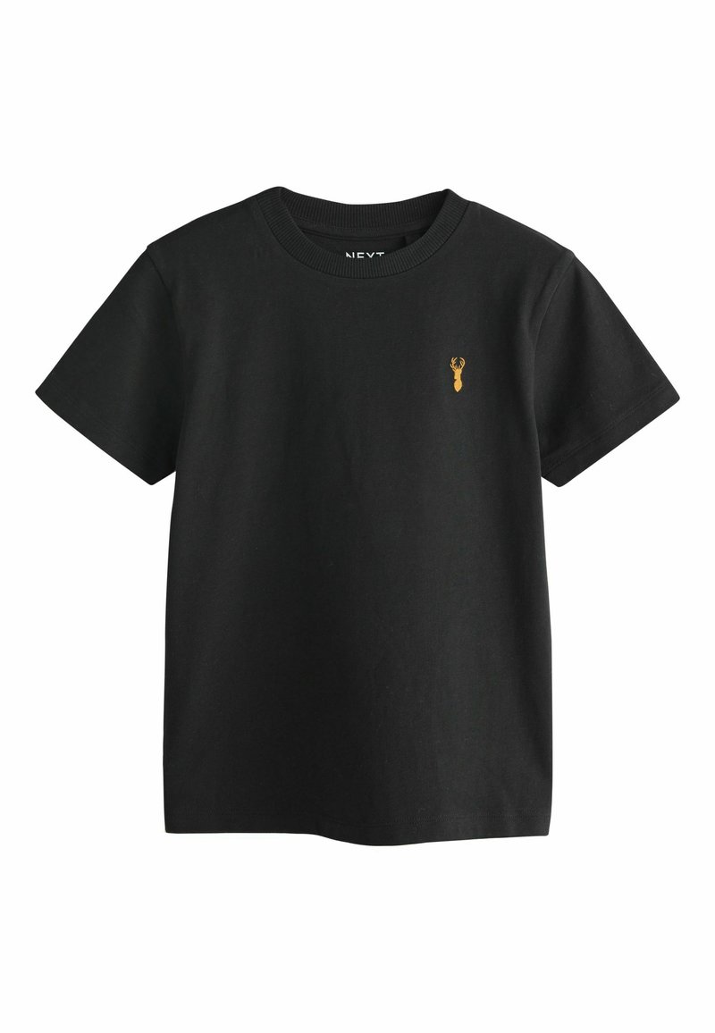 Black cotton t-shirt featuring short sleeves and a round neckline. A small gold lobster logo is embroidered on the chest.