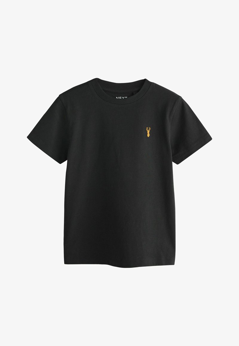 Juodas medvilnės marškinėlis su trumpomis rankovėmis ir apvaliu iškirpimu. Ant krūtinės išsiuvinėta maža auksinė homaro logotipas.