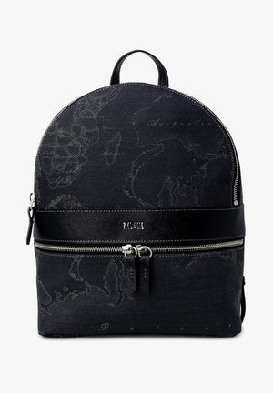 Zaino nero a forma rotonda, tessuto testurizzato, motivo mappale sottile, zip metalliche e una elegante fascia in pelle con logo.