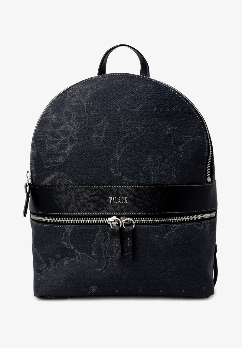 Zaino nero a forma rotonda, tessuto testurizzato, motivo mappale sottile, zip metalliche e una elegante fascia in pelle con logo.