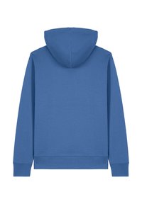 Sudadera azul hecha de una mezcla de algodón, con capucha, mangas largas y puños y dobladillo acanalados. Textura suave sin patrones visibles.