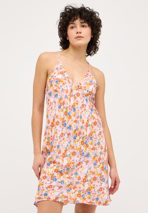 Floreres Nachthemd in Pink mit blauen, orangefarbenen und gelben Mustern. Mit dünnen Trägern und einem Rüschenausschnitt. Leichter Stoff.