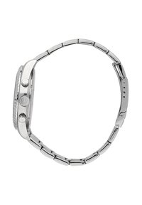 Silberne Edelstahl-Armbanduhr mit Gliederarmband, runder Gehäuseform, strukturiertem Uhrglasring und Druckknöpfen an der Seite.