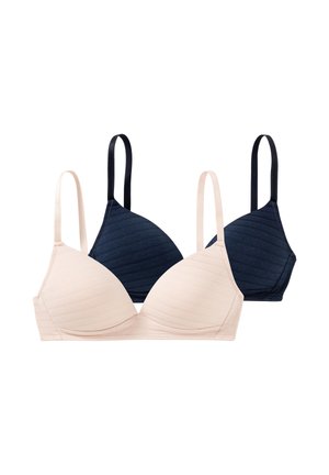 To trådløse bh'er med tynde justerbare stropper, en beige og en mørkeblå, vist mod en hvid baggrund.