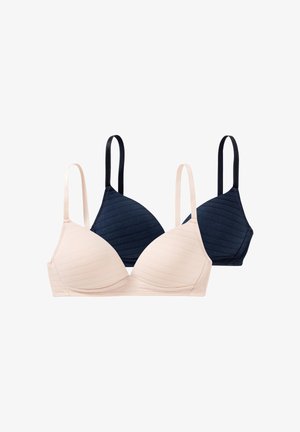 Zwei drahtlose BHs mit dünnen verstellbaren Trägern, einer beige und einer dunkelblau, vor weißem Hintergrund gezeigt.