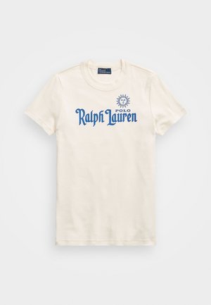Beżowa bawełniana koszulka z krótkim rękawem, okrągłym dekoltem, z niebieskim logo "Ralph Lauren" oraz grafiką słońca wydrukowaną na przodzie.