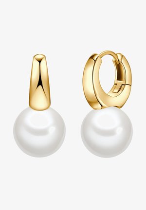 Guldtonede øreringe har en poleret finish med en rund hvid perledrop. Designet inkluderer en hoop-lukning og en tilspidset top.