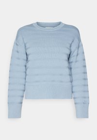 Pullover lavorato a maglia blu chiaro con righe orizzontali, girocollo, polsini e orlo a coste, e una vestibilità rilassata. Il materiale sembra morbido e testurizzato.