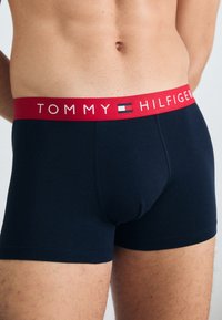 Marineblaue Boxershorts mit einem roten elastischen Bund, auf dem das Logo "TOMMY HILFIGER" und das charakteristische Flaggen-Detail abgebildet sind. Glattes Material, figurbetontes Design.