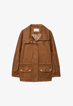 Braune Kunstsuedejacke mit Kragen, Frontreißverschluss, zwei Brusttaschen und zwei unteren Klappentaschen. Glatte Textur und lässige Passform.