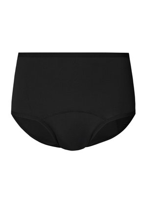 Schwarze High-Waist-Slip-Unterwäsche mit glattem Design und elastischem Bund vor weißem Hintergrund.