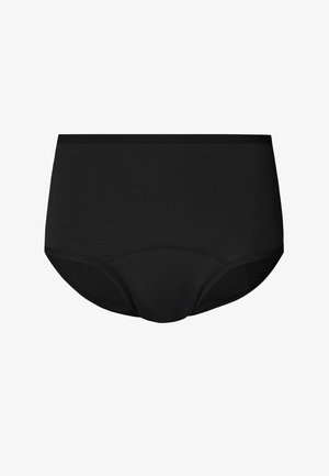 Czarne majtki z wysokim stanem, gładkim wzorem i elastyczną talią, pokazane na białym tle.