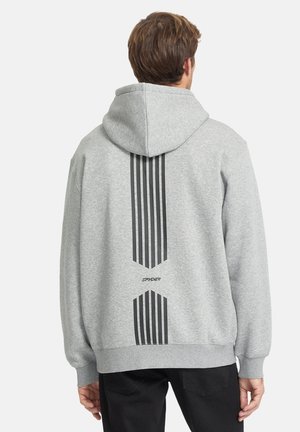 Mann trägt einen grauen Kapuzenpullover mit schwarzen vertikalen Streifen und "Spyder"-Logo auf dem Rücken, steht mit dem Rücken zu einem einfarbigen Hintergrund.