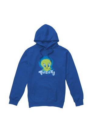 Blauer Kapuzenpullover mit Fronttasche, darauf ein gelbes Tweety Bird-Gesicht und der weiße Schriftzug „Tweety“ unter der Figur.