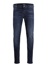 Tmavě modré džíny z denimu slim fit, s pěti kapsami, minimálním vyblednutím a kontrastním švem. Kovová spona na zapínání v pase.