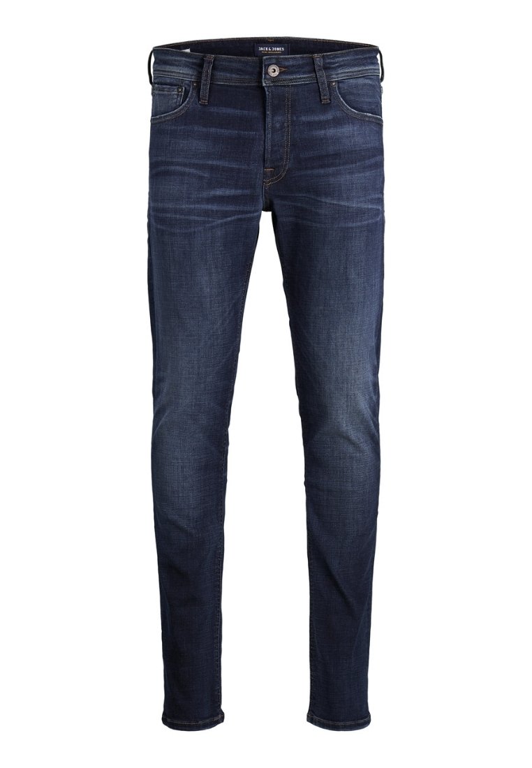 Tmavě modré džíny z denimu slim fit, s pěti kapsami, minimálním vyblednutím a kontrastním švem. Kovová spona na zapínání v pase.