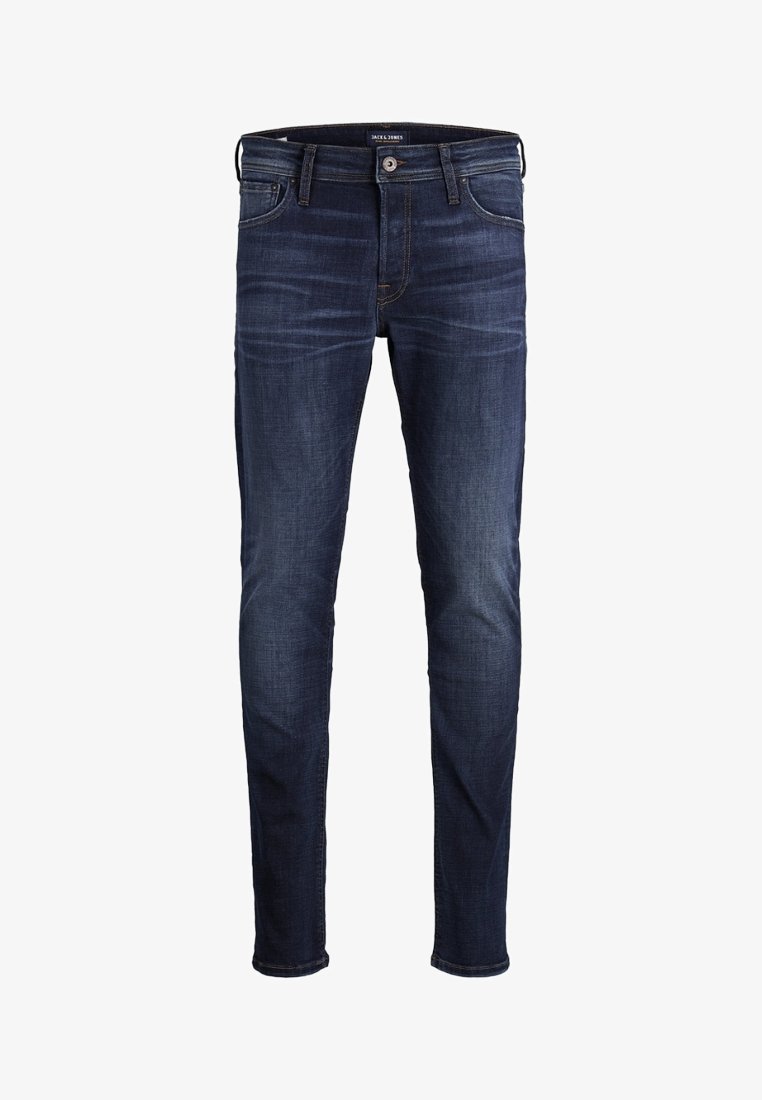 Tmavě modré džíny z denimu slim fit, s pěti kapsami, minimálním vyblednutím a kontrastním švem. Kovová spona na zapínání v pase.