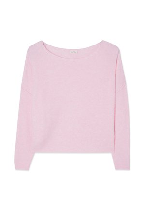 Pehmeä vaaleanpunainen pitkähihainen neule, jossa leveä pyöreä pääntie sekä resorit hihansuissa ja helmassa.