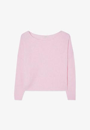 Mehak roza dolg rokav pulover z širokim okroglim izrezom in rebrastimi manšetami ter spodnjim robom.