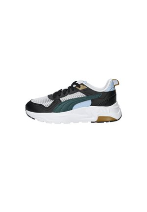 Baskets de sport noires, blanches et turquoise avec une tige en mesh, une semelle en caoutchouc et un accent doré. Présente un design à lacets et un col rembourré.