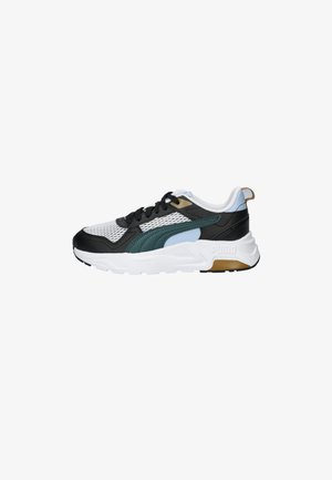 Black, white, and teal athletic shoe with a mesh upper, rubber sole, and gold accent. Features a lace-up design and padded collar.