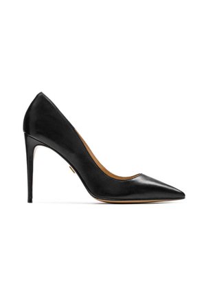 Crna kožna cipele s visokim potpeticama i špicastim prstima, s elegantnom, glatkom površinom; ima stiletto potpeticu i minimalne detalje.