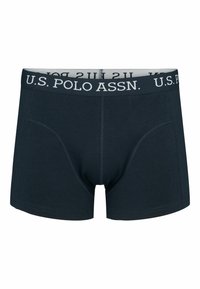 Mørk marineblå boxere laget av en bomullsblanding, med et hvitt, merket elastisk livaband og glatt tekstur uten mønstre.