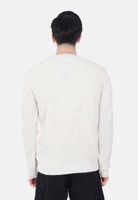 Maglione beige chiaro con texture, maniche lunghe e collo rotondo. Caratterizzato da un motivo a maglia a coste e una vestibilità comoda. Vista posteriore mostrata.