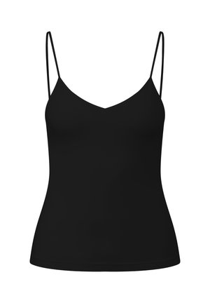 Haut caraco noir sans manches, ajusté, avec fines bretelles réglables et encolure en V.