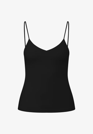 Haut caraco noir sans manches, ajusté, avec fines bretelles réglables et encolure en V.
