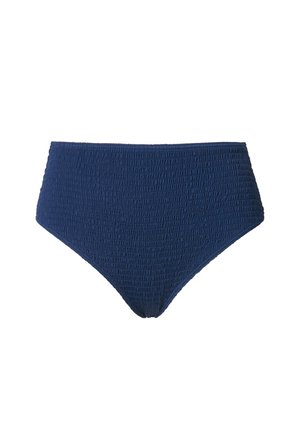 Hoge taille bikini broek in donkerblauw, met een gestructureerd smocked ontwerp en gladde randen. Gemaakt van rekbaar zwemkledingmateriaal.