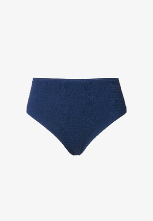 Bas de bikini taille haute en bleu foncé, avec un design smocké texturé et des bords lisses. Fabriqué en matériau de maillot de bain extensible.