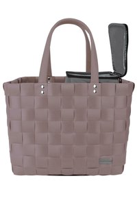 Geflochtener Aufbewahrungskorb in muted Mauve, mit dicken Griffen und einem abnehmbaren isolierten Innenfutter in Grau, gepaart mit silberfarbenen Akzenten.