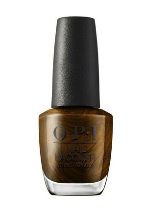 Flacon de vernis à ongles OPI marron avec un bouchon noir texturé, une partie inférieure transparente et le texte de l'étiquette visible sur le devant, sur fond blanc.