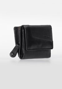 Zwart leren portemonnee met een vouwontwerp, gestructureerde accenten, een ritsvak en een drukknoopsluiting. Eenvoudige, compacte vorm.