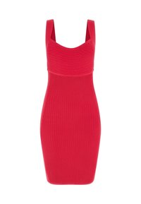 Červené žebrované bodycon šaty s širokými ramínky a přiléhavým střihem. Materiál vykazuje vertikální texturu, hladký povrch a žádné další detaily.