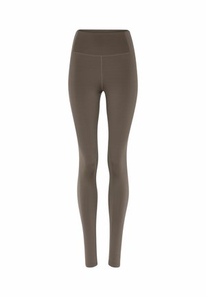 Kõrge vöökohaga, täispikkuses taupe-punased retuusid, millel on sujuvad õmblused ja siledast, venivast kangast mugav disain spordi- või igapäevaseks kandmiseks.