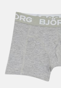 Boxeri pentru bărbați de culoare gri deschis, cu un elastic verde la talie, având numele mărcii "BJÖRG" scris cu litere albe.