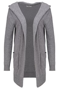 Cardigan grigio realizzato in morbido tessuto a maglia, con cappuccio, apertura frontale, due tasche anteriori e polsini e orlo a coste.