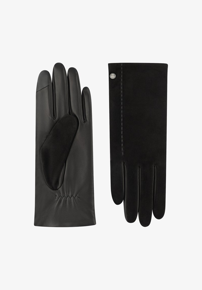 Guantes negros hechos de cuero y ante, con una textura suave, diseño ajustado y un detalle de costura a lo largo del lateral.