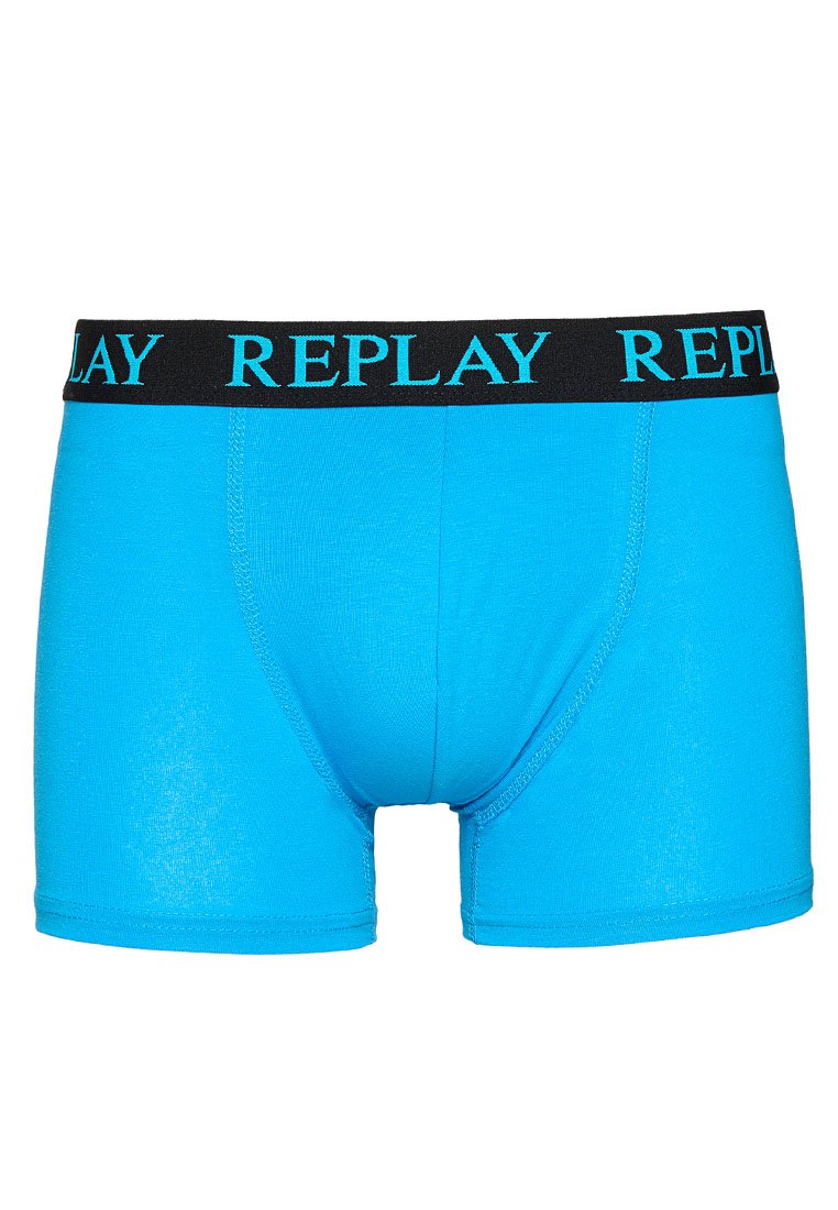 Türkise Boxershorts aus weicher Baumwolle mit einem schwarzen elastischen Bund, der das "REPLAY"-Logo in Türkis zeigt.