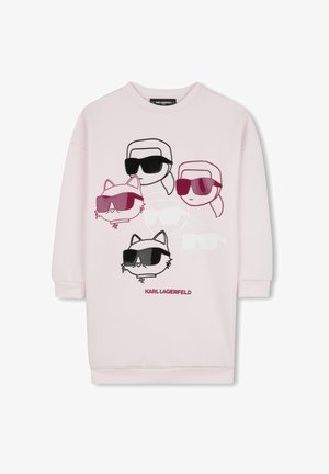 Pink sweatshirt featuring graphic designs of stylized characters and a cat in sunglasses. Includes black and burgundy accents. Soft fabric.