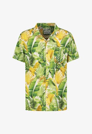 Kurzärmliges Hemd aus leichtem Stoff, mit einem lebhaften Muster aus grünen und gelben Palmblättern, Knopfleiste und Kragen.