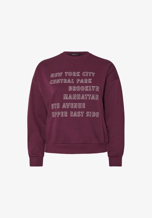 Burgundowa bluza z miękkiego materiału, z białymi napisami z nazwami miejsc w Nowym Jorku, ściągacze przy mankietach i dole.