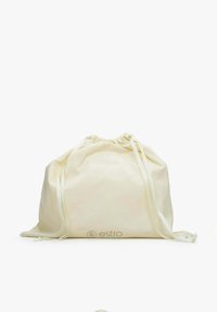 Sac en tissu de couleur crème avec cordons longs, haut légèrement froncé, et logo "estro" imprimé au centre du bas.